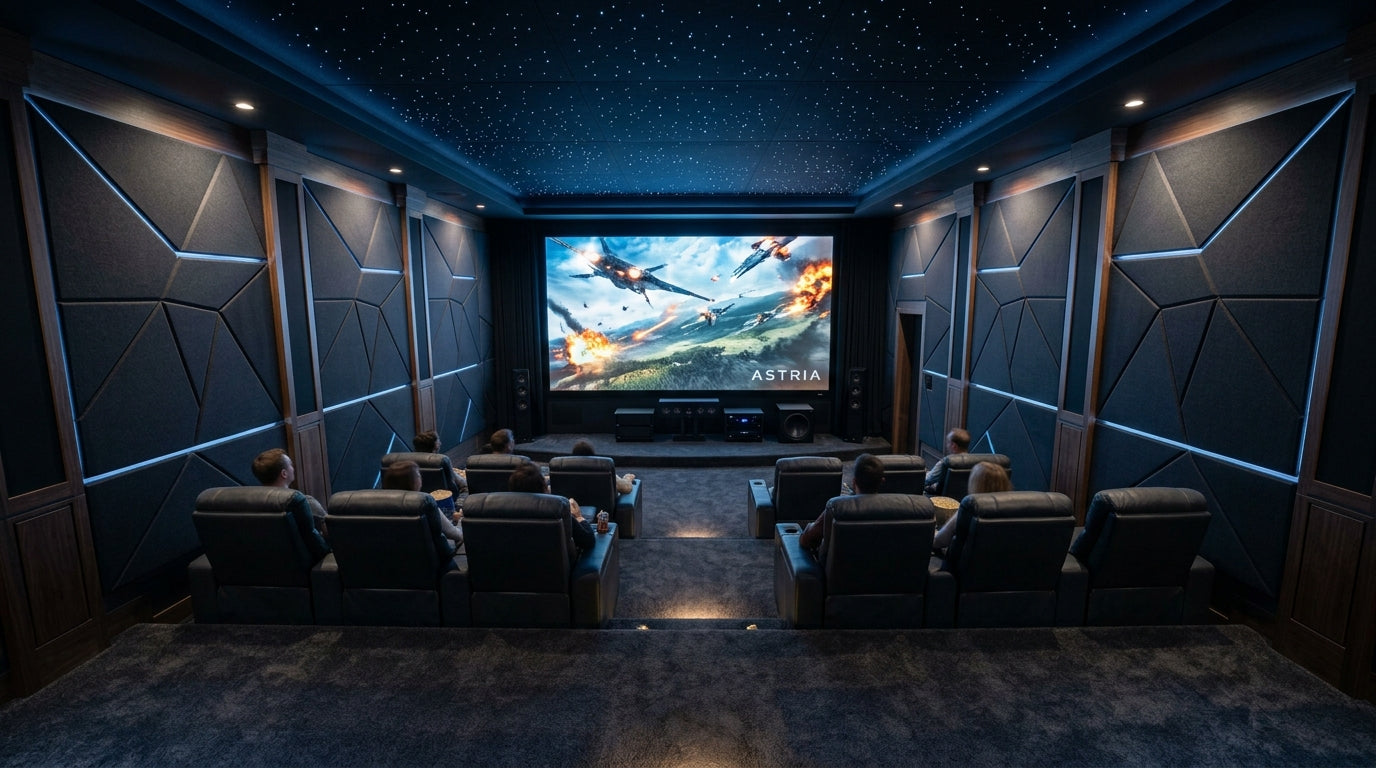 Modern home cinema and smart home audio equipment display, featuring speakers, an amplifier and a projector set up in a living room