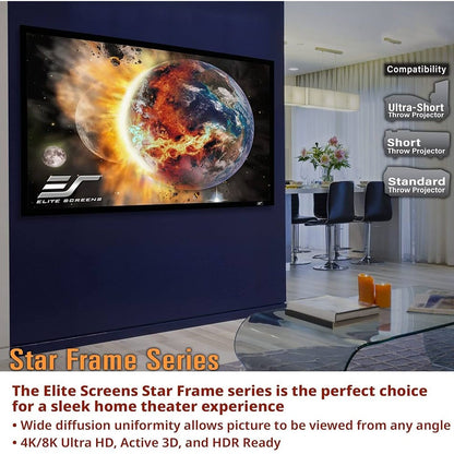 Elite Fixed Frame Projector Screen | 16:9 Aspect Ratio, 4K/8K, 3D, Standard Throw