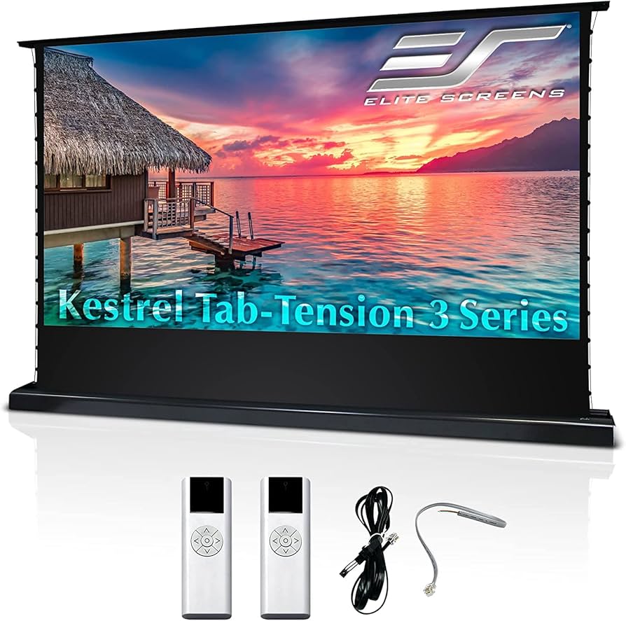 Elite Kestrel Tab-Tension CineWhite Series Floor-Rising Electric Front Projection Screen