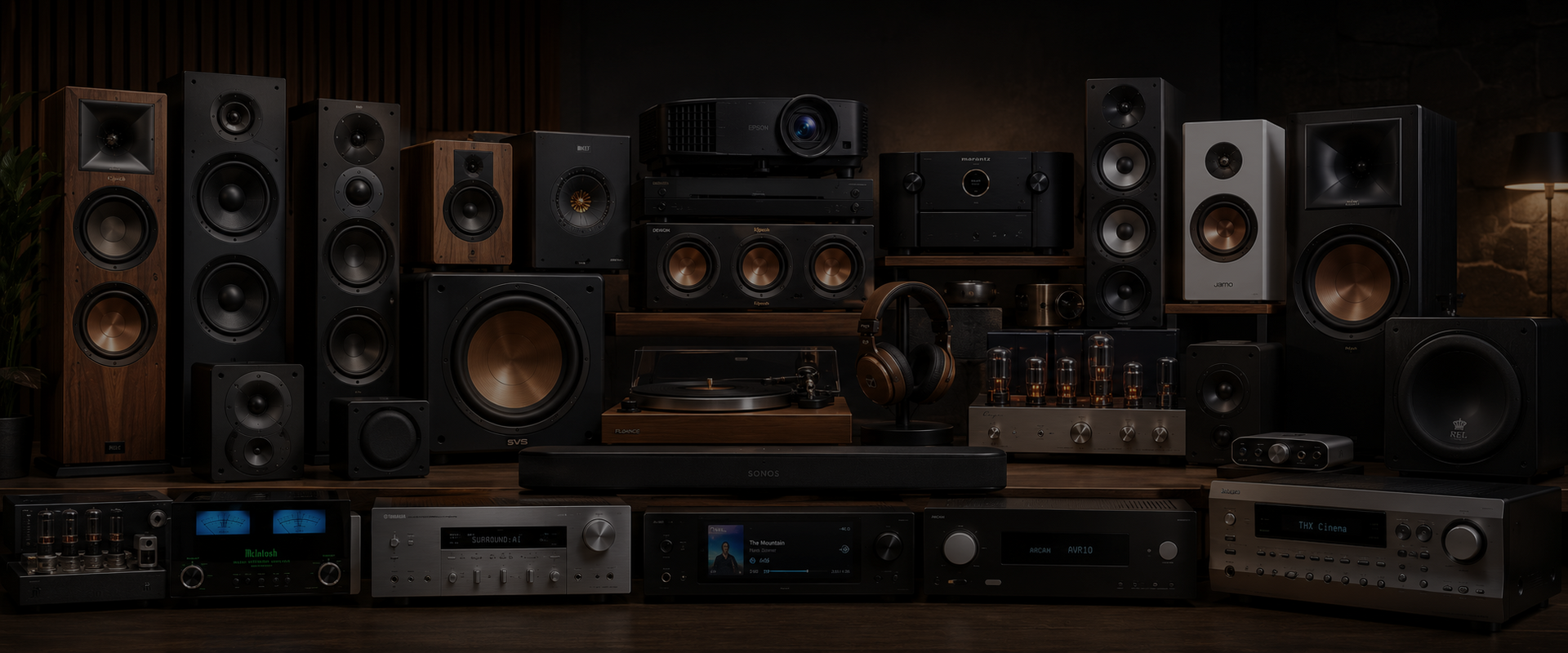 Many Speakers and Headphones Laid close to each other to showcase the variety of audio devices