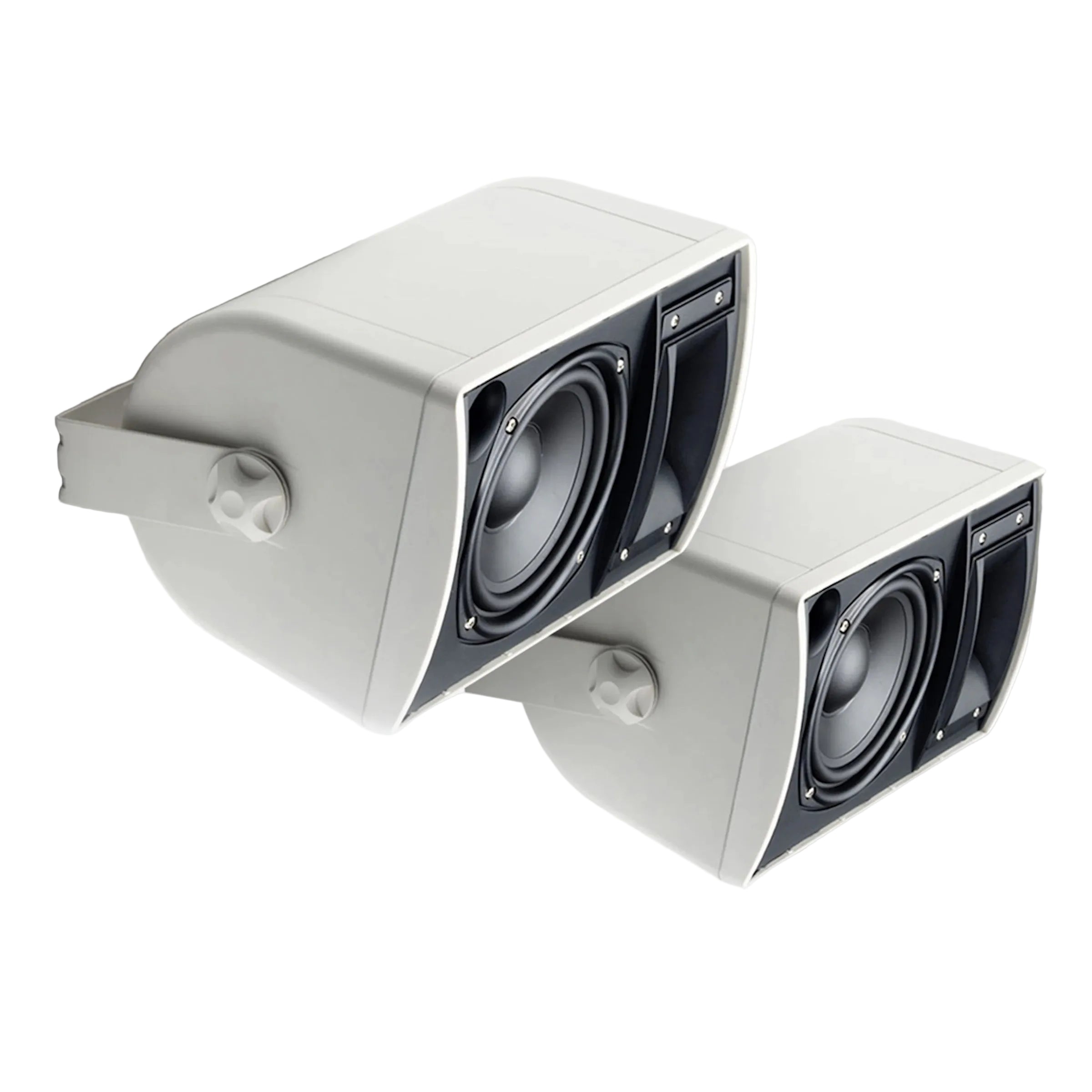 Pair of white outdoor speakers on a white background