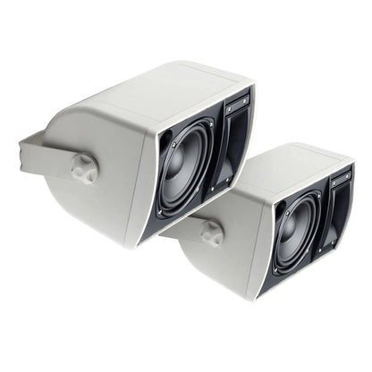 Pair of white outdoor speakers on a white background
