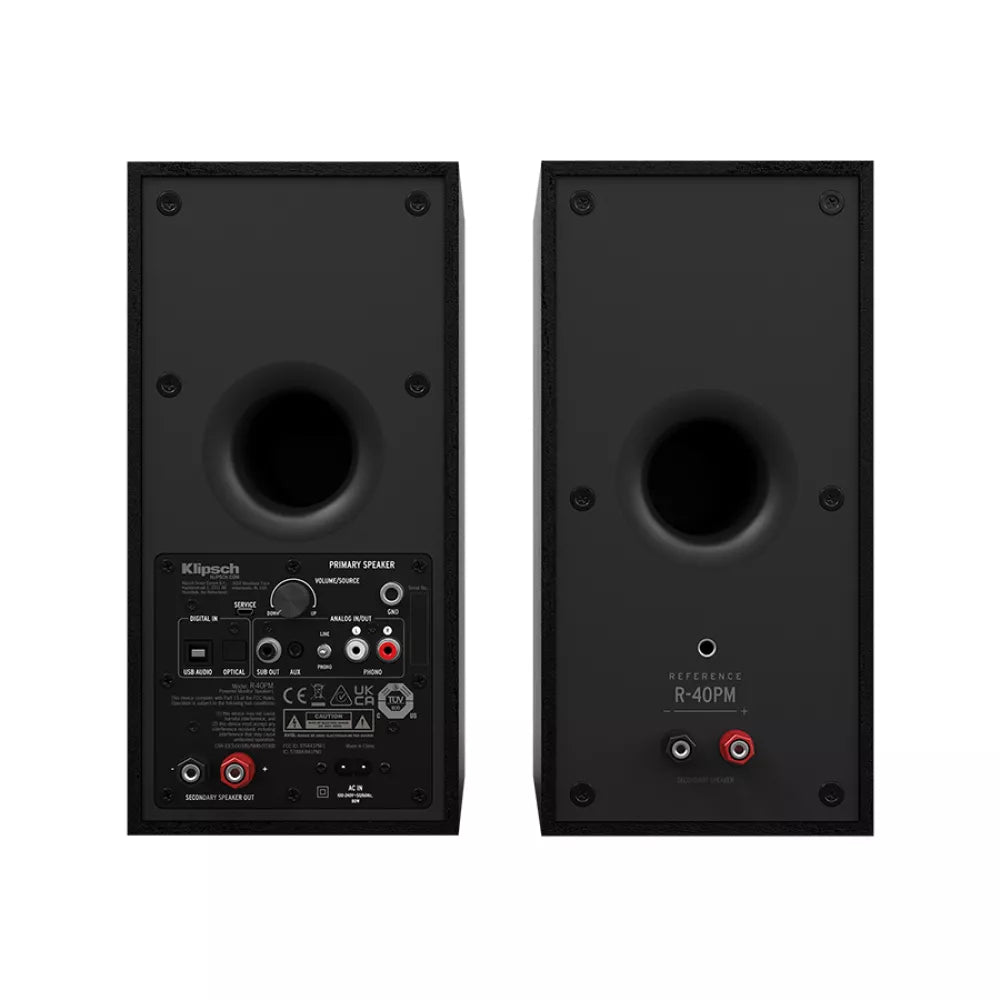 Pair of black Klipsch speakers on a white background