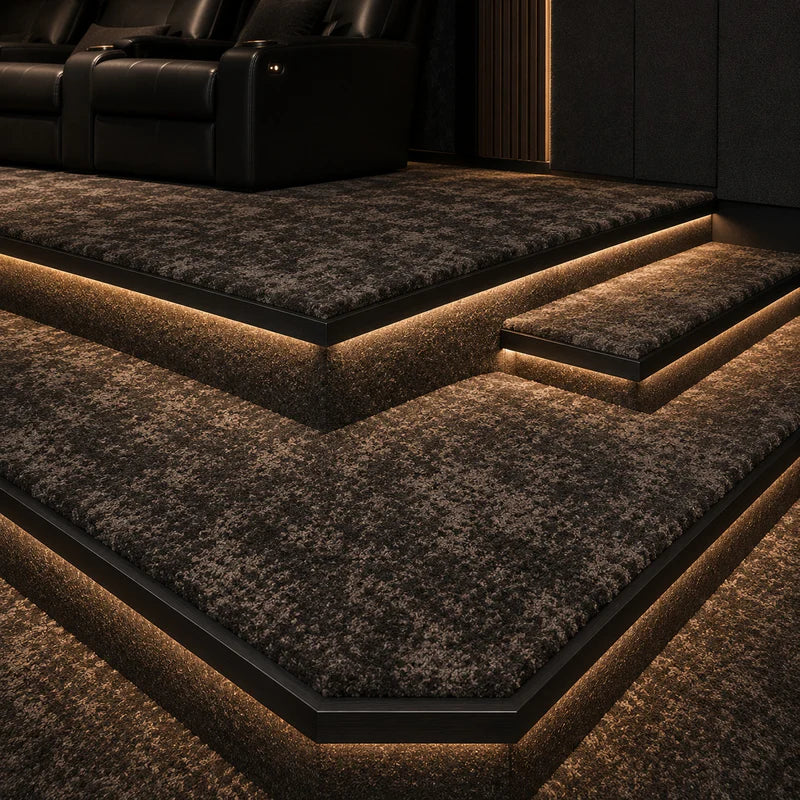 Cinema seating platform and riser fit-out in a Dubai home theater