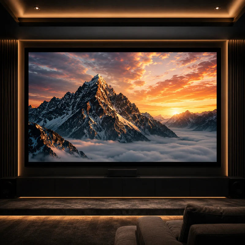 Motorized cinema screen and projector setup in a Dubai villa home theater